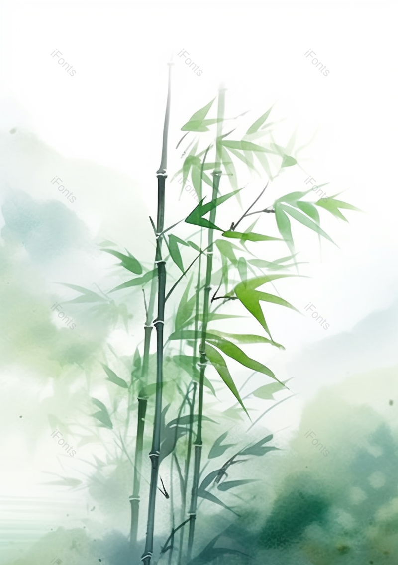 中国风水彩画彩色水彩插画竹林竹子竹叶背景山峰雾气弥漫,插画/手绘图,插画/手绘图库,插画/手绘图下载,插画/手绘